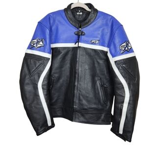 Vintage 90s EXL Leather Motorcycle Riding Jacket Moto Black Blue Mens Size Small